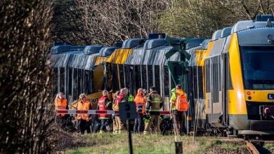 Emergency responders in high-visibility jackets inspect a derailed yellow passenger train on a track beside a wooded area.