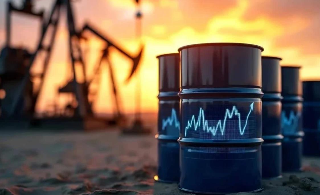 Oil barrels on a desert surface with a blue stock chart overlay showing rising prices at sunset in the background.