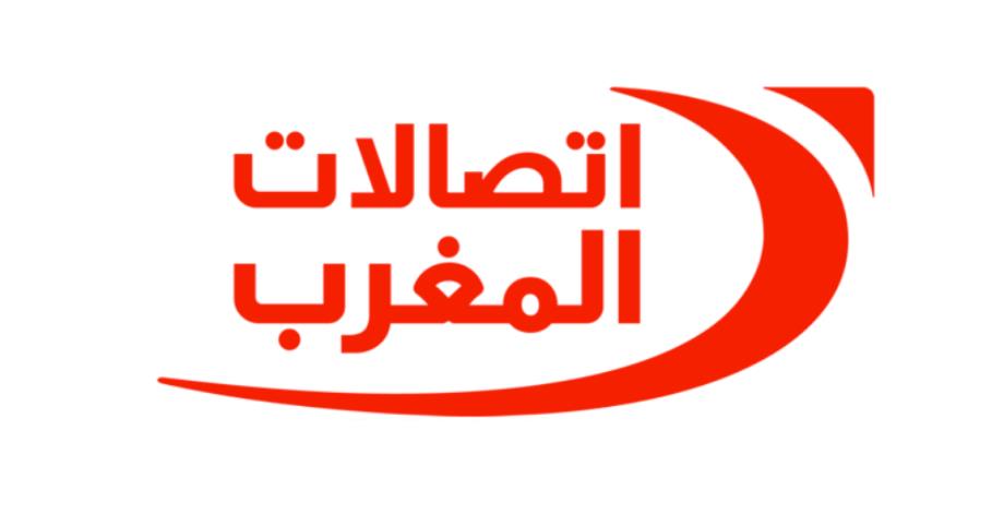 Maroc Telecom logo in red, featuring Arabic text and a sweeping curved shape.