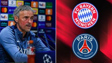 Side-by-side image: left shows a male football coach at a press conference; right shows FC Bayern Munich and Paris Saint-Germain logos on a red background.