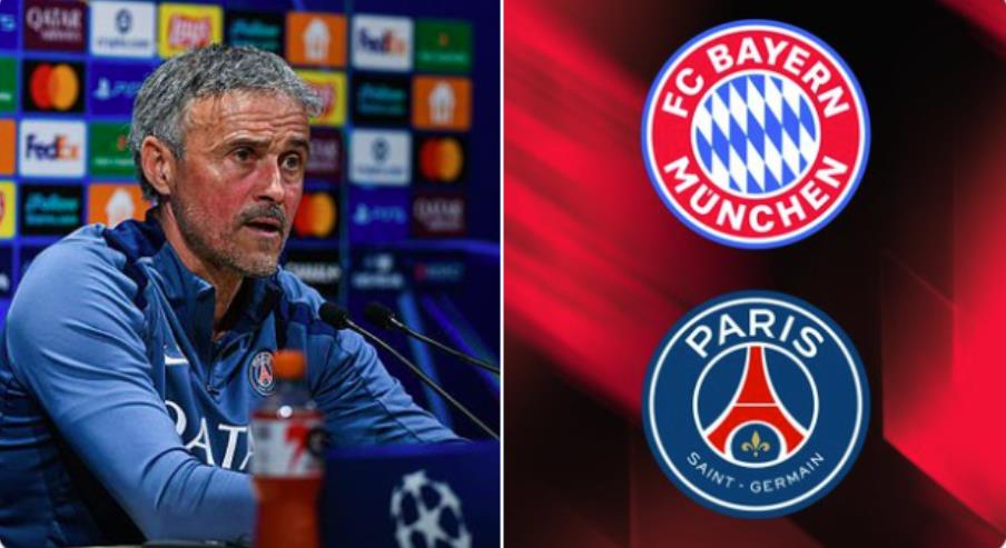 Side-by-side image: left shows a male football coach at a press conference; right shows FC Bayern Munich and Paris Saint-Germain logos on a red background.