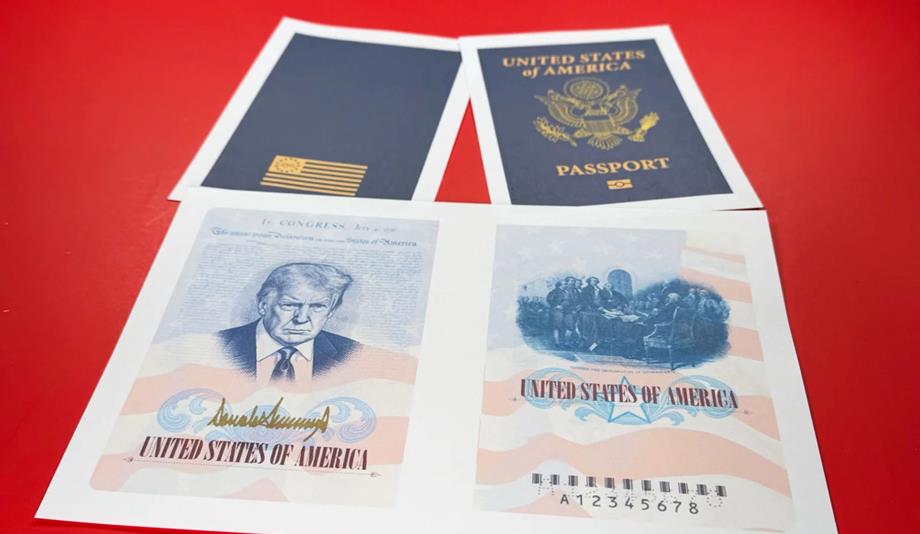 Two blue U.S. passports lie on a red surface with two patriotic illustrated sheets showing a portrait and the United States of America text.