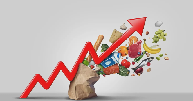 Rising red arrow bursting from a grocery bag, with groceries spilling out, illustrating increasing food prices.