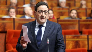 Man in a dark suit and glasses speaks at a lectern in a parliamentary chamber, holding papers while addressing an audience.