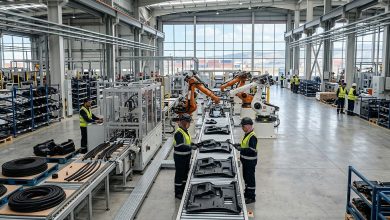 Factory floor with orange robotic arms assembling car body parts on a conveyor line, workers in safety vests nearby.