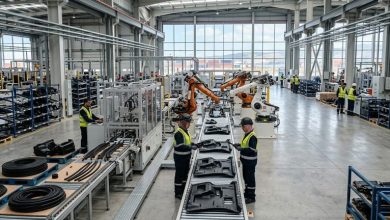 Factory floor with robotic arms assembling car parts along a conveyor line; workers in high-visibility vests monitor the process in a bright warehouse.