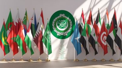 Row of national flags surrounding a central green emblem of the Arab League on a white backdrop.