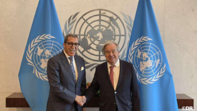 Two men in suits shake hands in front of United Nations flags and emblem, in a formal meeting setting.