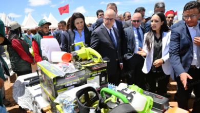 Group of officials and attendees at an outdoor expo inspecting bright green power tools on a display table under a blue sky.