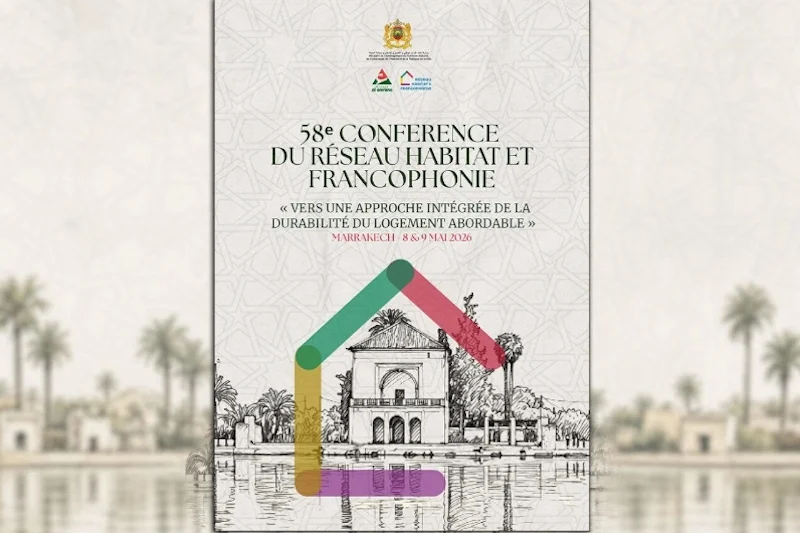 Poster advertising the 5th Conference of the Habitat and Francophonie Network, Marrakech, May 8–9, 2026, with a black‑and‑white building sketch and a colorful house frame.