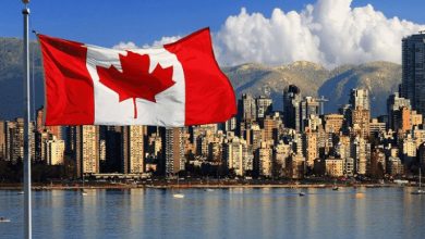 Canadian flag waving on a pole with a city skyline and water in the background.
