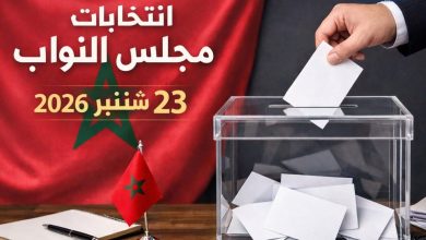 Mohar Morocco elections: hand placing a ballot into a transparent ballot box with a Moroccan flag on a desk and Arabic text about the vote.