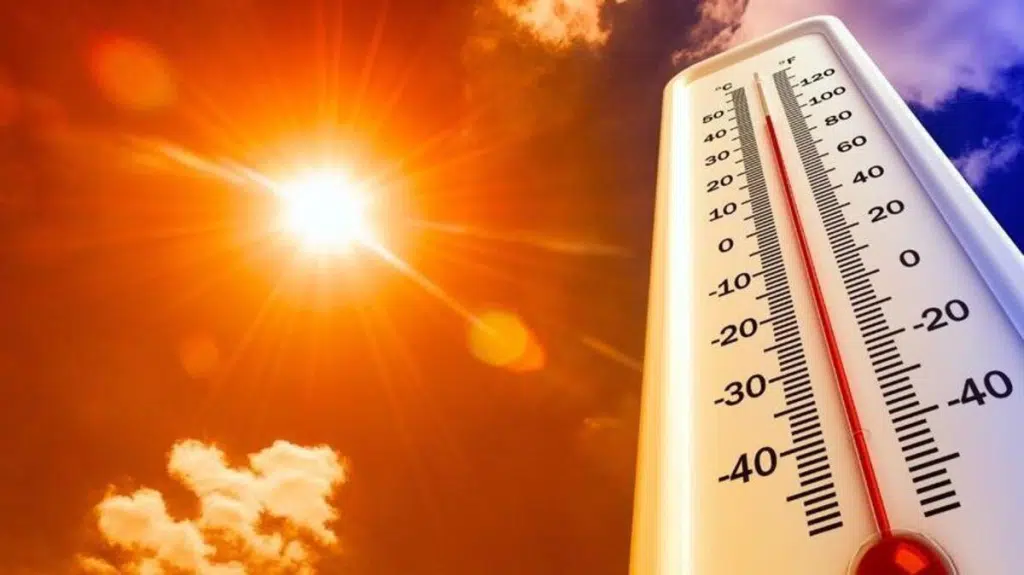 Sunny sky with a bright sun and a thermometer showing high heat (red indicator near the top).