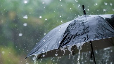 Black umbrella in heavy rain with water dripping from the canopy edges.