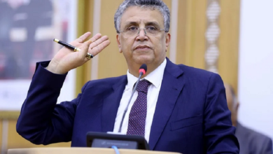 Man in a dark blue suit delivers a speech at a podium, raising a pen in his left hand with a microphone in front of him.