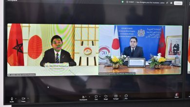 Split-screen Zoom video conference showing two officials: left, a Japanese minister at a podium with the Japanese flag behind; right, the Moroccan minister Nasser Bourita at a desk with Moroccan and Japanese flags, framed photo, and floral arrangements.