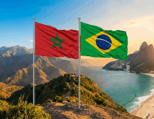 Moroccan and Brazilian flags waving on flagpoles above a coastal mountain landscape at sunset.
