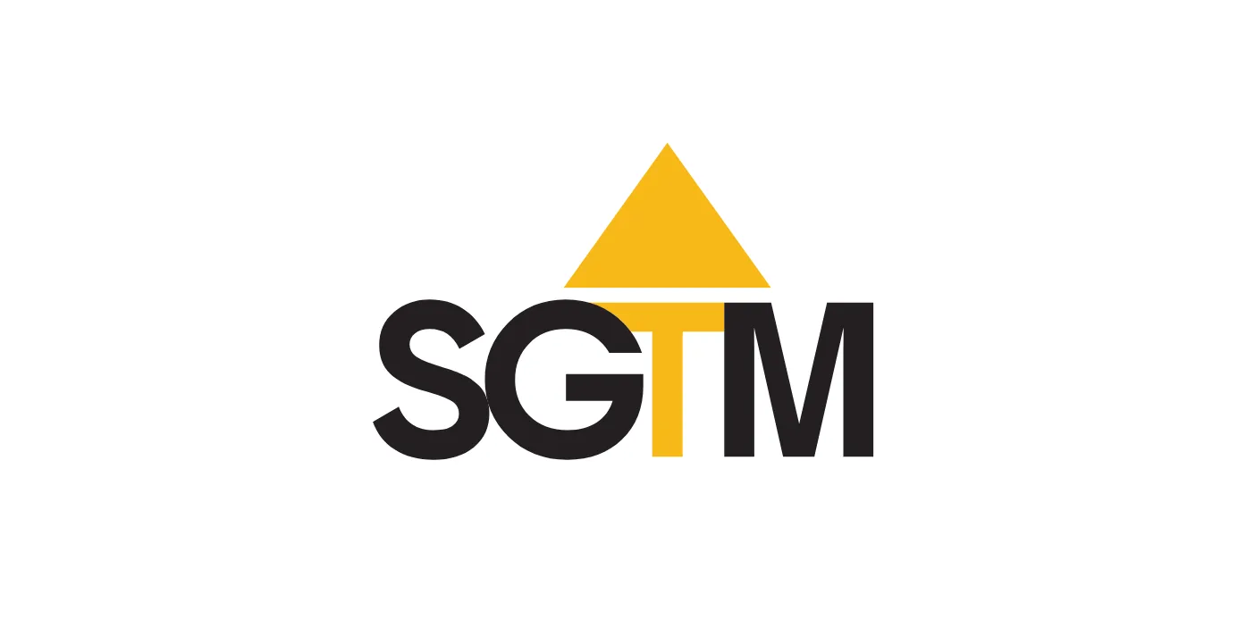 SGTM logo: bold black letters with a yellow triangle above the T forming a roof shape (brand mark).