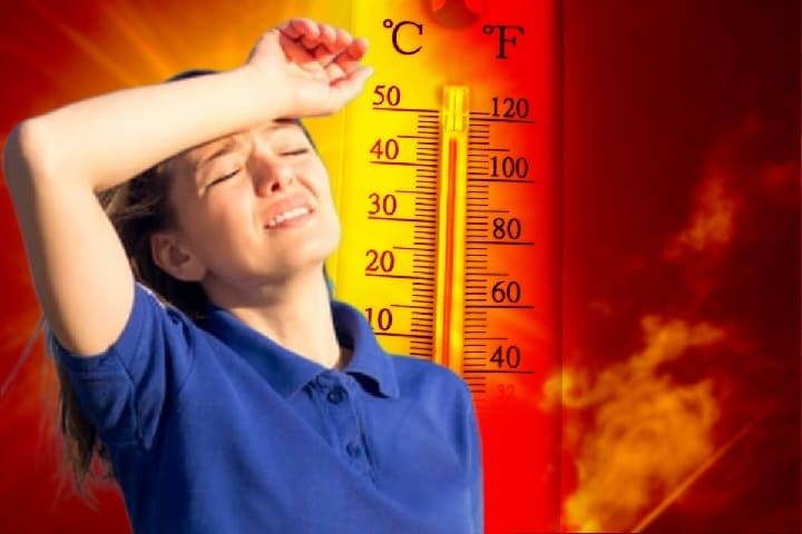 89999084-63547090 | MCG24 | موقع إلكتروني مغربي شامل متجدد على مدار الساعة Person shielding eyes from sun beside a large thermometer showing extreme heat, flames in the background. Silhouette of heat and danger behind a measuring device.