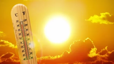Wooden thermometer reading high temperatures against a bright orange sunset sky with the sun fully visible.