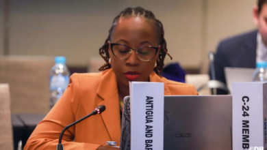 Antigua2026_png | MCG24 | موقع إلكتروني مغربي شامل متجدد على مدار الساعة Woman in an orange blazer with glasses speaks into a microphone at a conference, with a laptop and nearby nameplates visible.