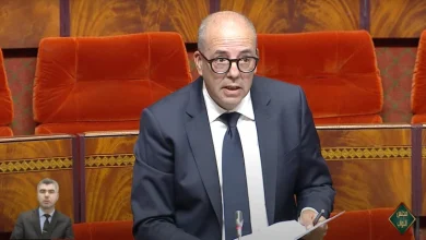 Speaker in a dark suit and glasses delivering a speech at a podium in a wood-paneled parliament chamber with red seats behind him and papers in hand (informative image).