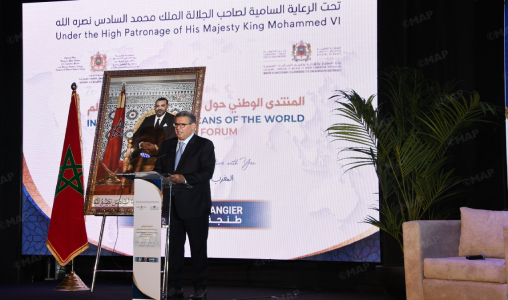 Speaker in a dark suit delivering a talk at a podium on a stage, with a Moroccan flag and a large framed portrait behind, and a backdrop referencing a world forum event.