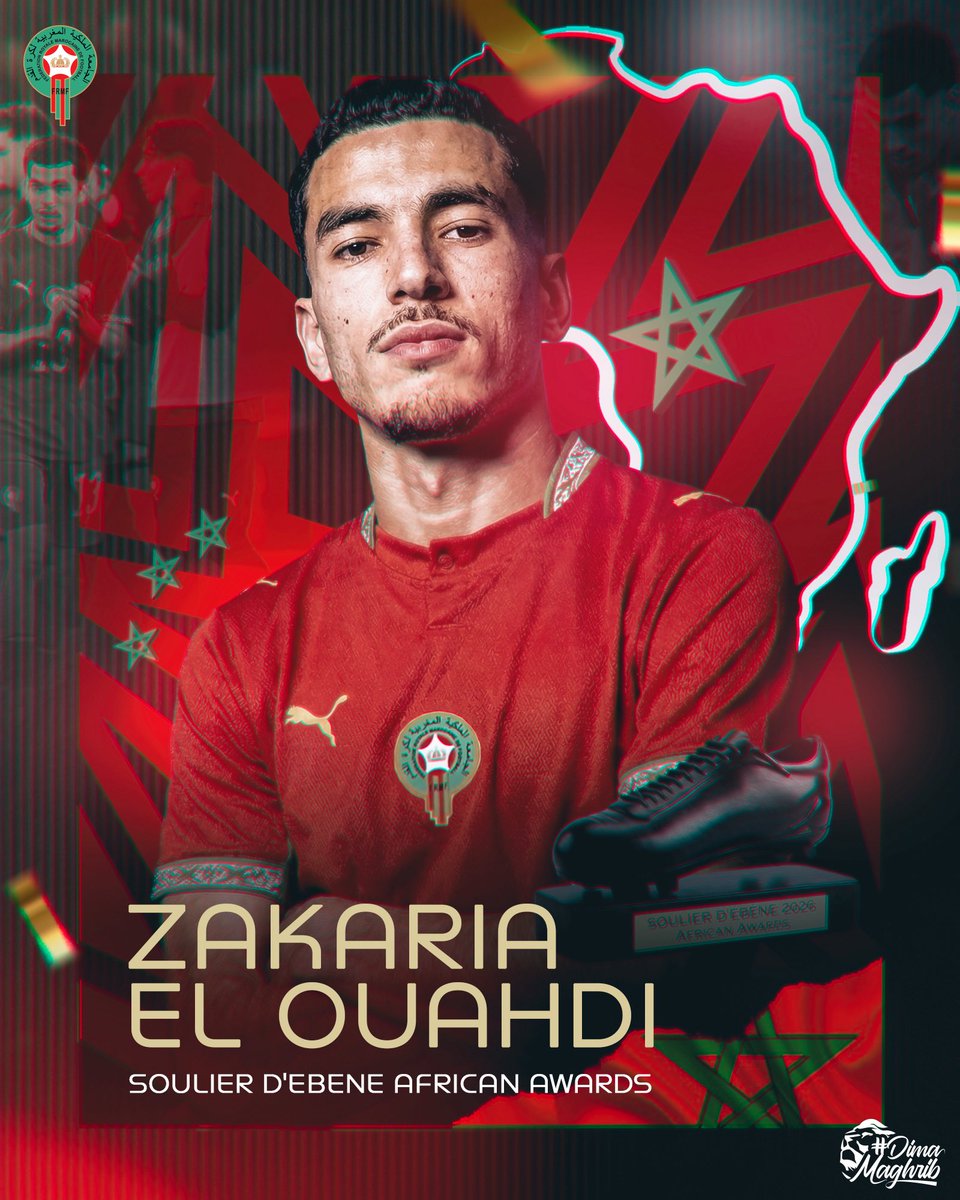 Portrait of Zakaria El Ouahdi in a red jersey, with a neon-outline map of Morocco and award graphics in the background for the Soulier d'Ebene African Awards