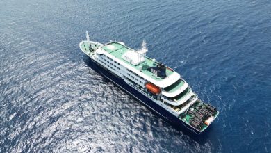 Overhead view of a large cruise ship with multiple decks sailing on deep blue ocean water from above.