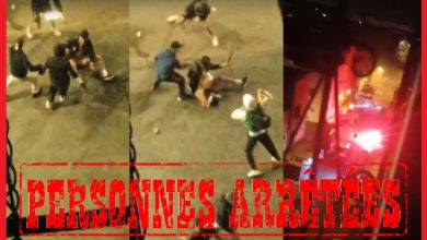 Nighttime street fight collage with a large red 'PERSONNES ARRETEES' watermark suggests arrests.