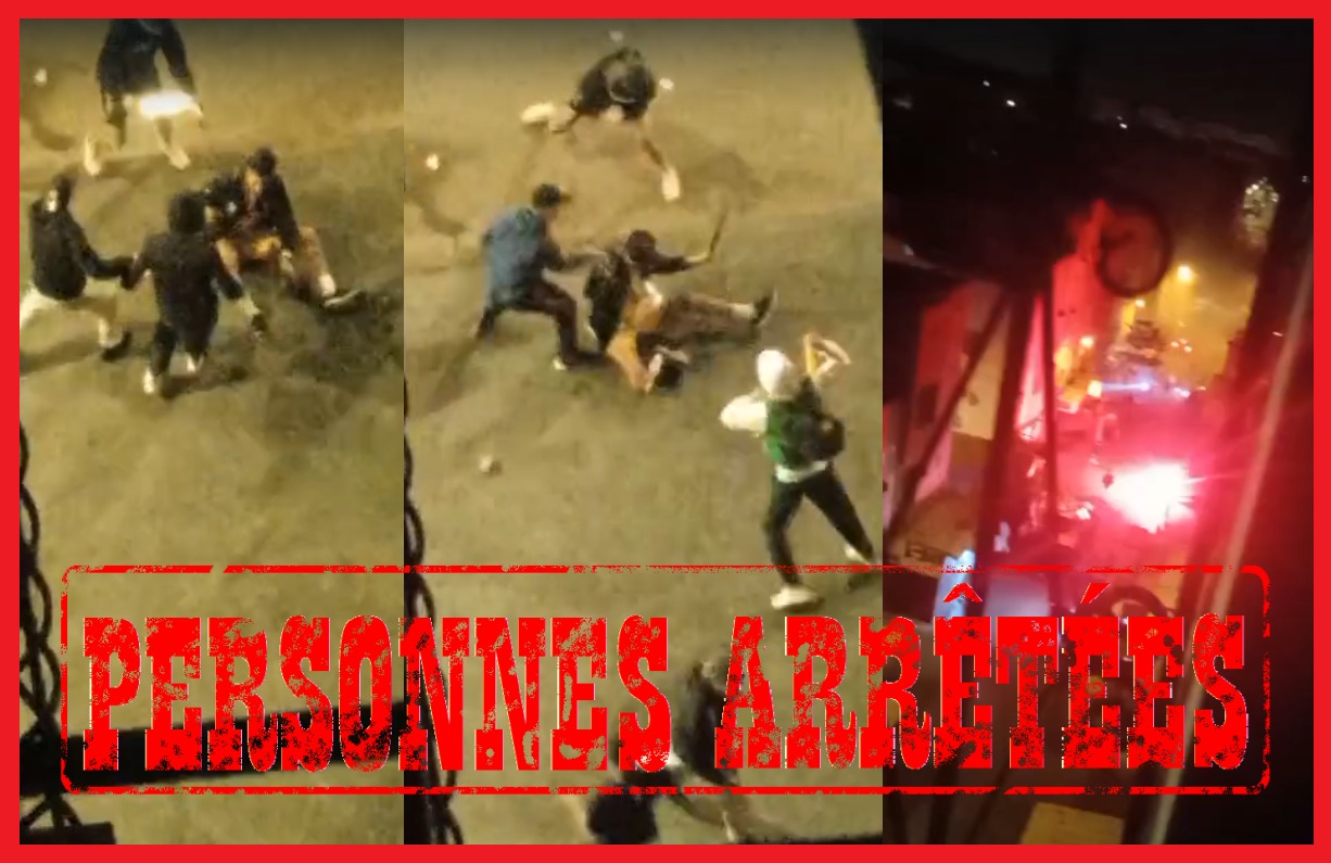 Nighttime street fight collage with a large red 'PERSONNES ARRETEES' watermark suggests arrests.