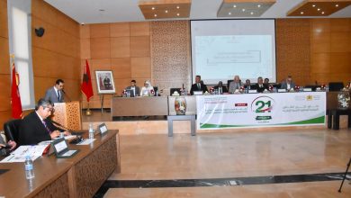 Formal conference in a large hall with a long panel table, officials seated, and a speaker at a wooden lectern; Moroccan flag visible and a framed portrait nearby.