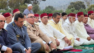 IMG-20260527-WA0060 | MCG24 | موقع إلكتروني مغربي شامل متجدد على مدار الساعة Group of men in traditional Moroccan clothing and uniforms seated on prayer rugs at an outdoor ceremony with mountains in the background.