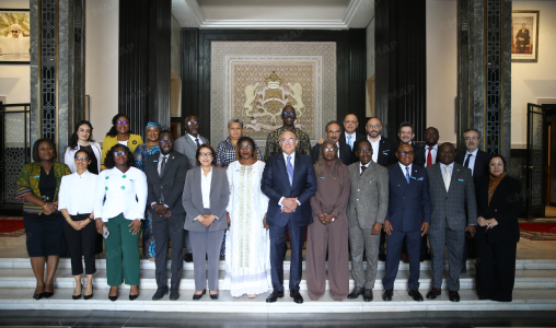 Group of diverse professionals standing on marble steps in a grand hall for a formal group portrait behind an ornate wall.