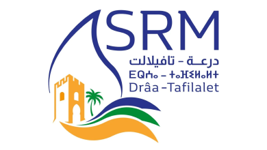 ASRM logo with large blue letters and Arabic text, featuring a palm tree, orange castle, and multicolored waves forming a coastal scene