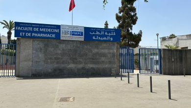 Entrance to the Faculty of Medicine and Pharmacy building at a university campus, with blue signs and a red flag overhead.