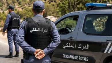 Screenshot_20260507-141724-607x420 | MCG24 | موقع إلكتروني مغربي شامل متجدد على مدار الساعة Two Royal Gendarmerie officers in blue uniforms stand beside a marked patrol car on a rural road, with Arabic labels on jackets and vehicle.