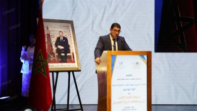 Man in a suit delivering a speech at a podium on a stage, with the Moroccan flag and a framed portrait nearby.