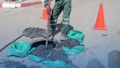 Road construction worker in green overalls and blue helmet shoveling hot asphalt into a pothole, orange traffic cones and green asphalt bags nearby.