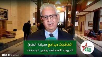 Man in a suit and glasses giving a televised interview in a hotel lobby, with a green Arabic news caption at the bottom and a logo on the right.