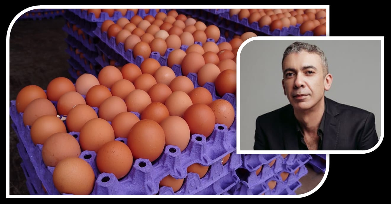 Tray upon tray of brown eggs in purple cartons fills the left, with a man's portrait overlaid in the corner, suggesting a business egg producer feature.