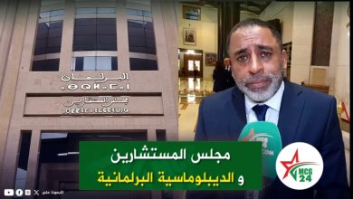 News interview: man in a navy suit speaks into a green MC G24 microphone in a building lobby with Arabic signage on the wall behind him (about the Council of Advisors and parliamentary diplomacy).