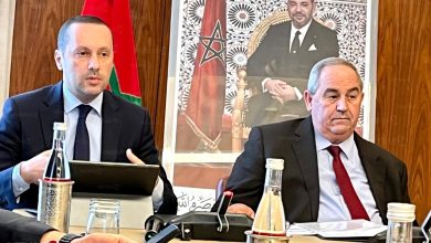 Two men in suits at a formal meeting, with a Moroccan flag and a large portrait behind them.