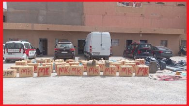 Row of tan bundles labeled MK lined up on a gravel lot with police cars and a white van in the background.