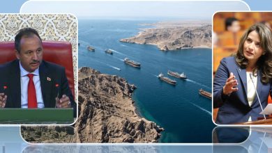 Aerial view of a rocky coastline with several ships in the blue sea; left inset shows a man in a suit speaking at a podium, right inset shows a woman in a blazer speaking at a microphone.