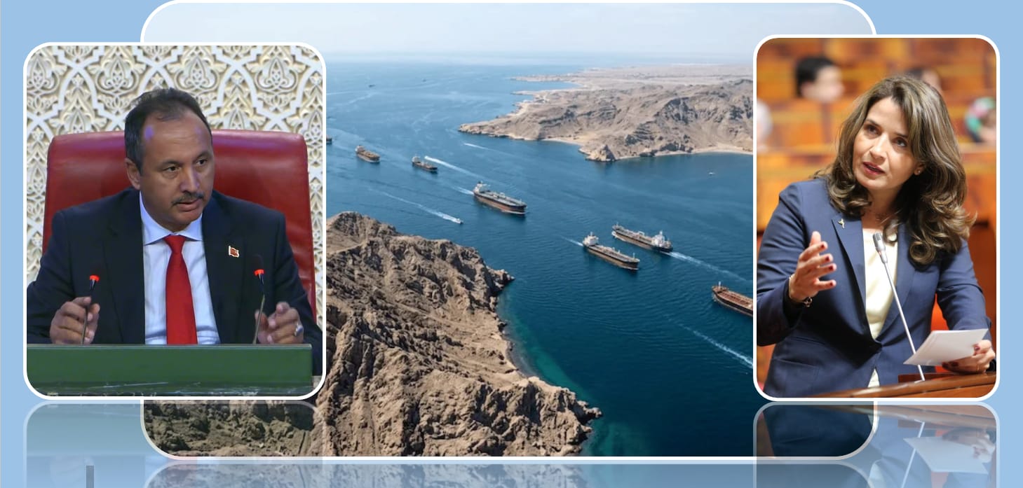 Aerial view of a rocky coastline with several ships in the blue sea; left inset shows a man in a suit speaking at a podium, right inset shows a woman in a blazer speaking at a microphone.