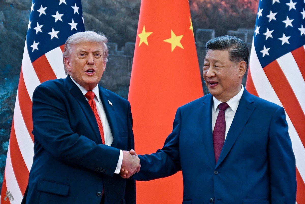 Donald Trump and Xi Jinping shake hands in front of US and China flags at a formal meeting in China or the U.S.
