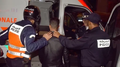 Police officers escort a restrained man toward a police van at night, placing hands on his shoulders as he enters the vehicle (Arabic POLICE text on uniforms).