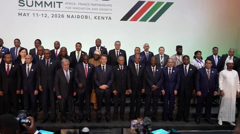 Group photo of diverse world leaders in suits on stage at the Africa–France Summit in Nairobi, Kenya (May 11–12, 2026).