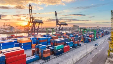 Sunset over a busy shipping port with stacked colorful containers and tall cranes. Rows of shipping containers at a port, cranes towering against a sunset sky. Industrial port scene at dusk with multicolored containers and large gantry cranes. Container yard at sunset with blue, red, orange boxes and cranes. Port terminal with containers and cranes during sunset.